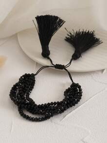 1 件黑色串珠简约可调节手链，女士个人风格珠宝，日常佩戴 - 黑色 - 查看 2