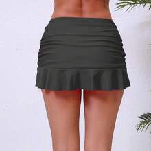 Halcurt Women's Low Waisted Ruched Ruffle Swim Skirts With Hipster Bikini Bottoms Tummy Control Swimsuit - Grey 1 - View 5