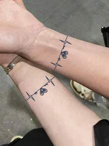 1张逼真临时纹身贴纸，半永久纹身，Y2K心形设计，防水防汗，可持续1-2周，逼真的草药汁液效果，不反光，黑色，男女通用，适用于手臂、胸部、腿部、腹部、腰部、手指、颈部、脊柱等部位，现代人体彩绘 - 黑色 - 查看 3