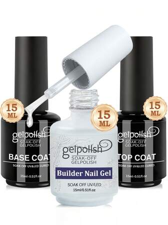 15ml Top Coat Base Gel & Nail Glue Set-3Pcs No Wipe Top Coat Gel Nail Polish & Base Coat With 7 In 1 Builder Nail Gel Long Lasting Soak Off Uv Light Lamp Diy Gift For Women & Girls