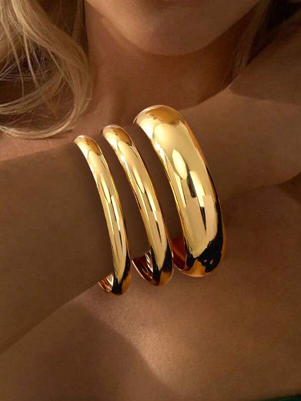 Set van 3 stuks vintage stijl overdreven minimalistische ontwerp dikke cirkel metalen armbanden, elegant en modieus, geschikt voor vakantie, feest, date, cadeau en dagelijks gebruik