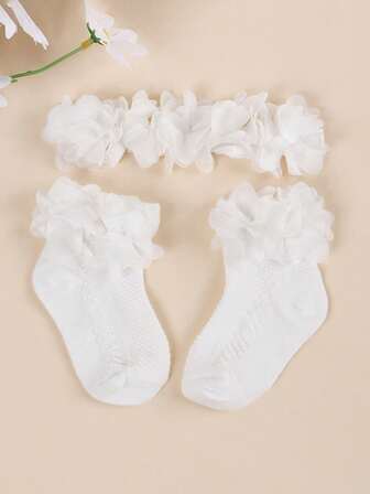 1pc Baby White Chiffon Flower Decorated Headband + 1 Pair Infant Soft Breathable Anti-Slip Floor Socks, Newborn Gift Set