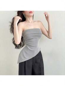 女式夏季无袖露背开叉腰下摆不对称针织上衣，不对称开叉腰/褶皱衬衫，适合庆典、派对、约会、日常穿着 - 灰色 - 查看 2