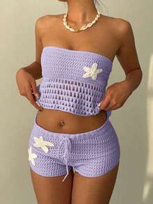 Women 2 Piece Crochet Set Strapless Crosscriss Tie Up Backless Hollow Out Crop Tube Top Low Rise Drawstring Mini Shorts Floral Patched Beachwear - 紫色 - 查看 1
