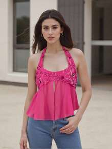 Women Sleeveless Halter Tops Summer Split Hem Tie Up Backless Sequin Embroidery Shirts For Streetwear