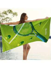 1pc Tennis Themed Beach Towel - Supersoft Quick-Dry Polyester Knit, Lightweight 30x60 Inch Rectangular Towel With Vivid Tennis Racket & Ball Design, Customizable Name/Logo, Suitable For Summer, Swimming, Camping - Modern Gift Idea, Tennis Accessory - Multicolor - View 11