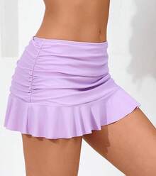 Halcurt Women's Low Waisted Ruched Ruffle Swim Skirts With Hipster Bikini Bottoms Tummy Control Swimsuit - Pink Purple - View 3