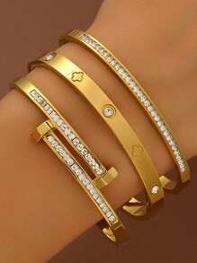 1/3pcs French Elegant And Fashionable Lucky Four-Leaf Clover And Starry Sky Zirconia Bracelet Set, 18K Gold-Plated Mirror Polished, Vacuum Electroplated, Waterproof And Not Easy To Fade Stainless Steel Bracelet Set, Women's Jewelry, Suitable For Women's Gatherings