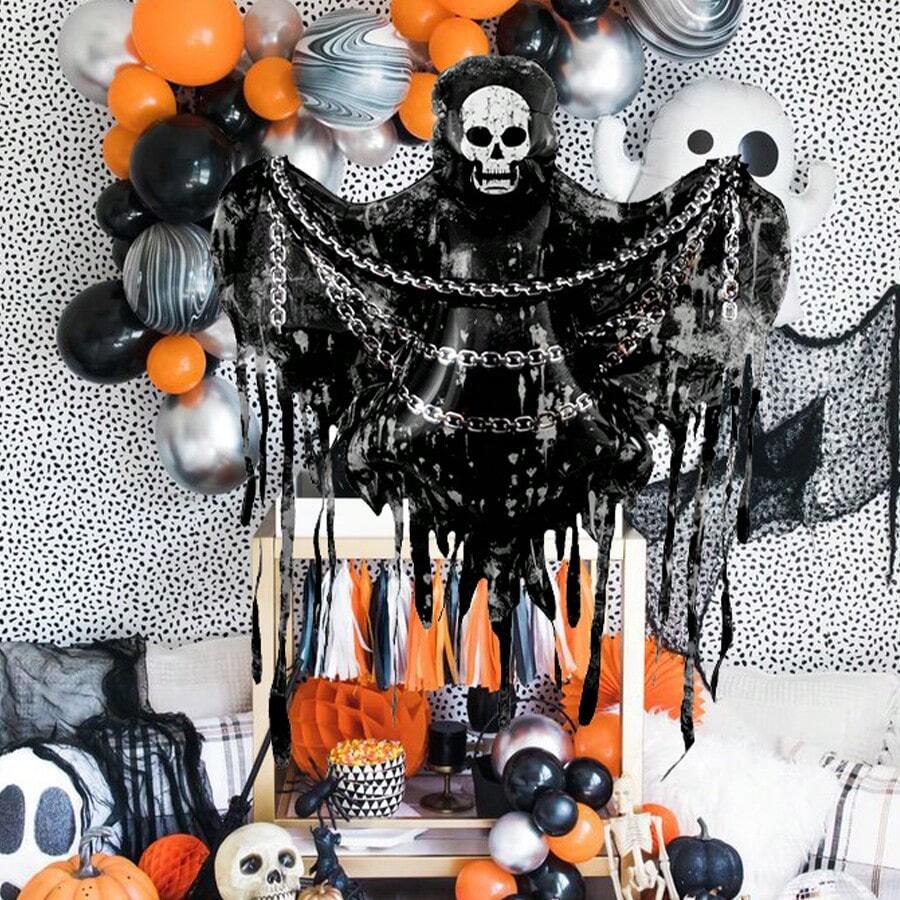 1pc Halloween Skeleton Chain Balloon, Party Decoration Balloon, Festival Celebration Party, Gathering Decoration Balloon, Essential Halloween Balloon Decor, Indoor Outdoor, Foil Balloon, Birthday Party, Friends Gathering, Home Decor Balloon - Multicolor - View 1