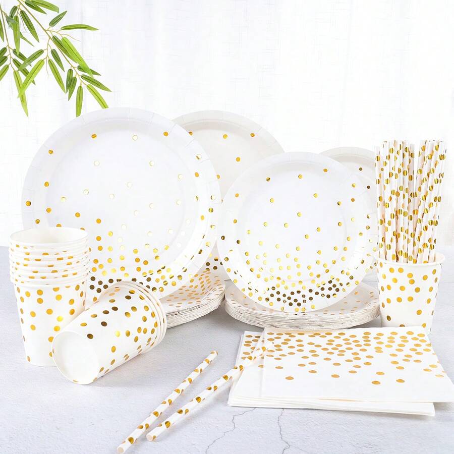 Conjunto de 120 itens para festa de aniversário em dourado, incluindo pratos descartáveis de folha dourada, pratos de festa de 7/9 polegadas com bolinhas brancas e douradas, canudos listrados em branco e dourado, pratos descartáveis de folha dourada, copos, guardanapos, adequados para aniversários, casamentos e jantares de festa - Multicolorido - Ver 1