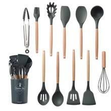 Wooden Handle Silicone Kitchen Utensils 11-Piece Set With Storage Bucket, Ten Colors Silicone Kitchen Utensils Cooking Spoon And Spatula 11-Piece Set - Dark Grey - View 1