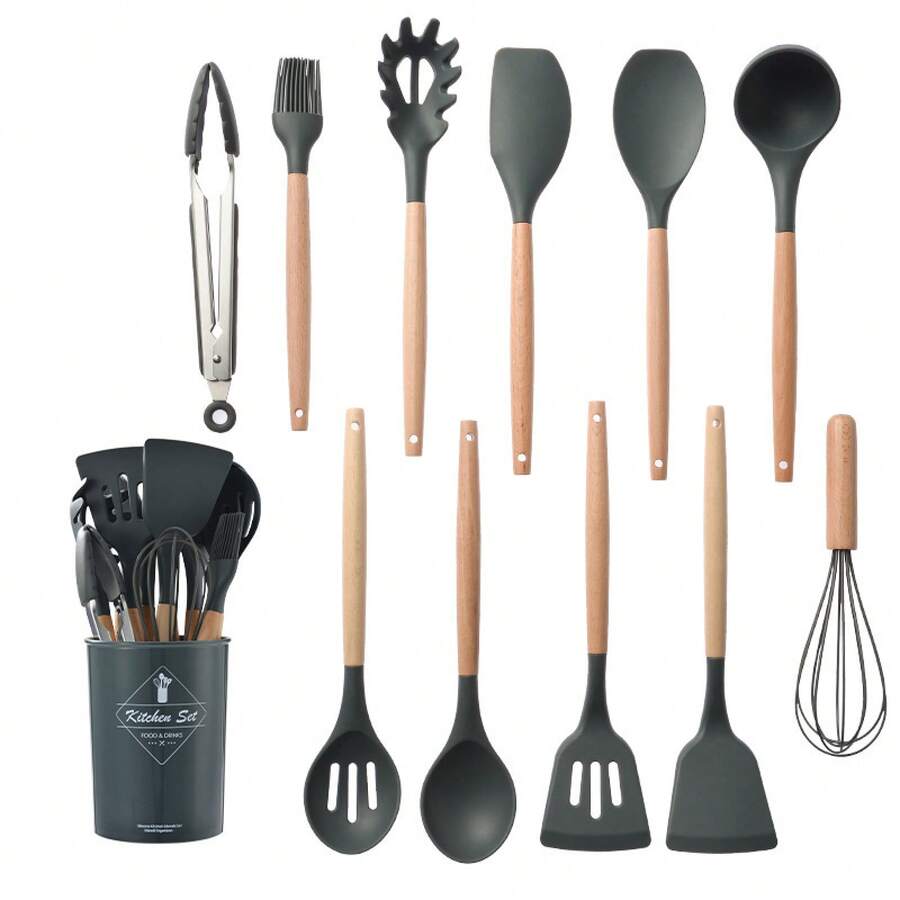 Wooden Handle Silicone Kitchen Utensils 11-Piece Set With Storage Bucket, Ten Colors Silicone Kitchen Utensils Cooking Spoon And Spatula 11-Piece Set - Dark Grey - View 1