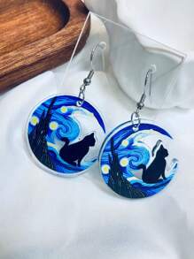 [Unique 2D Van Gogh Earrings] 1-Pair Van Gogh Starry Night Black Cat Earrings - Unique 2D Effect Acrylic, Exquisite Earrings, Perfect For Parties & Gifts, Suitable For Daily Wear