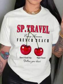 Camiseta de algodón con cuello redondo y estampado de cerezas para mujer, con letras inglesas y manga corta - Blanco - Ver 1