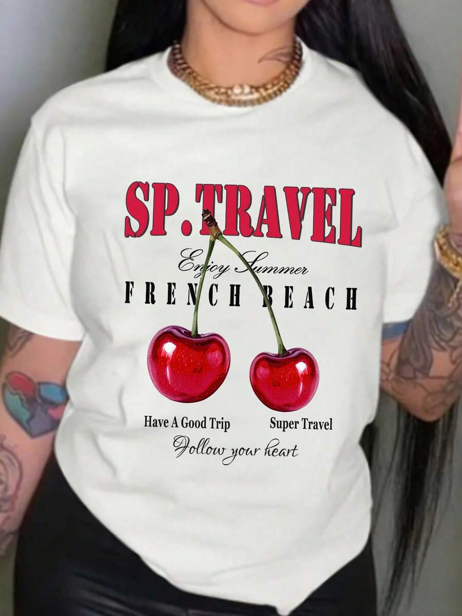 Camiseta de algodón con cuello redondo y estampado de cerezas para mujer, con letras inglesas y manga corta - Blanco - Ver 1