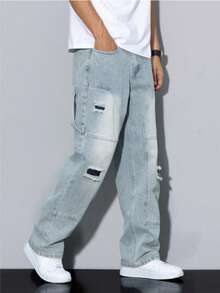 pantalones hombre ropa vaquera hombre jeans hombre Pantalones vaqueros de trabajo sencillos con bolsillos para hombre, azul claro, retro, lavado azul.baggy jean hombre - Azul claro - Ver 4