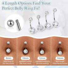 Bauchnabelpiercing, 14G Bauchnabelpiercing 14mm 12mm 10mm 8mm kurz lang Bauchnabelring mit kubischen Zirkoniasteinen, Bauchnabelpiercing Schmuck für Frauen und Männer