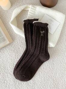 1 Pair/6 Pairs Women Calf Socks With Braided, Bow, Embroidered Patterns, Retro Fashion Versatile Wool Socks, Warm And Windproof, Suitable For Autumn/Winter Daily Wear