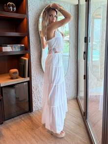 Manon Tanti 女士夏季海滩度假浪漫约会日常穿着吊带背心蕾丝拼布系带上衣 + 低腰褶皱长裙套装，白色亚麻材质 - 白色 - 查看 3