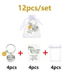 12pcs/4pcs/Set Inspirational Sunflower 'You'Re Awesome' Keychain Gift Set ,Include Stainless Steel Key Chain,Green Leaf Thank You Card, White Organza Gift Bag, Perfect For Party Supplies,Birthdays, Graduations & Christmas Gifts For Teachers And Colleagues Coworker Appreciation Gift,