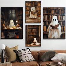1 件，帆布墙艺术，带框墙艺术，复古书筒阅读鬼魂，万圣节装饰，万圣节海报，万圣节阅读鬼魂，恐怖艺术用于家居装饰办公室装饰浴室装饰客厅装饰卧室装饰，房间装饰，宿舍装饰，卧室装饰，图书馆装饰，学校装饰，返校季万圣节装饰