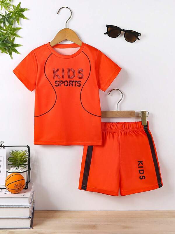 Set de 2 piezas, camiseta de manga corta con malla naranja y shorts casuales para deportes al aire libre de niño, para verano