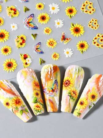 1PC 3D Sunflower Nail Stickers, Yellow Floral Designs For Nail Art