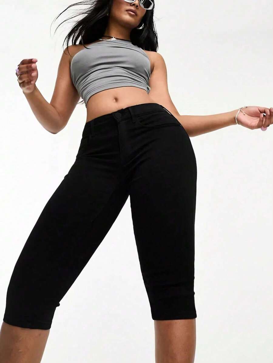 Solid Capri Skinny Pants - 黑色 - 查看 1
