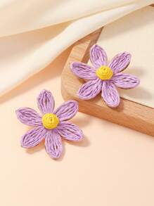 1 Pair Handmade Raffia Straw 6-Petal Flower Stud Earrings In Contrasting Colors Like Beige, Blue, Green, Pink - Bohemian Style, Suitable For Daily Wear