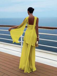 女士夏季细肩带雪纺拼接优雅连衣裙，配缎带，纯色优雅夏季女装 - 黃色 - 查看 5