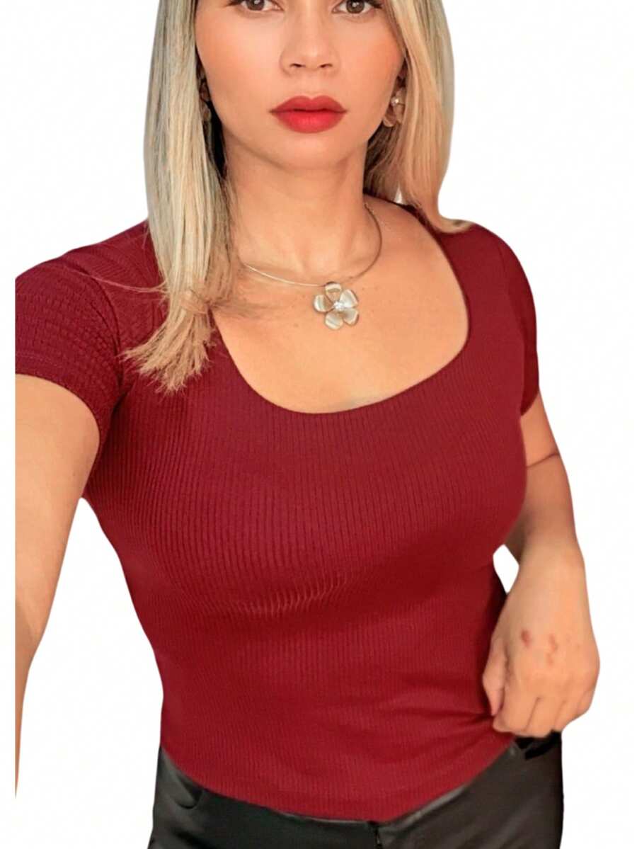 Women's Premium Ribbed U-NECK Blouse - Gỗ đỏ - Xem 1