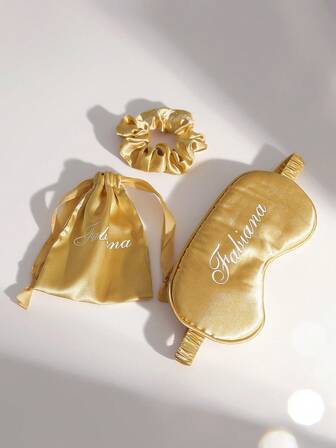 3pcs/Set Personalized Women's Fashionable Name Custom Eye Mask, With Customized Name, Hair Tie, And Storage Bag, Best Bridesmaid Gift, Bridal Party Gift, Personalized Wedding Favor, Glossy Silk Eye Mask And Hair Tie Set Christmas Beauty Accessories