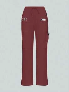 Women's Scrub Pants, Comfortable Pants, Solid Color Simple Multi-Pocket Pants Spring - Burgundy - View 3