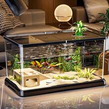 Acuario cubierto para uso doméstico, con alimentador de tortugas, acuario pequeño/mediano transparente para peces de colores, decoración de plantas acuáticas, acuario de escritorio para tortugas