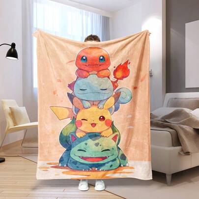 pokemon 1 pieza Manta de franela con estampado de dibujos animados de la serie Pokémon - Manta multiusos suave y acogedora, adecuada para la sala de estar, el dormitorio, el camping y los viajes, para todas las estaciones, manta de dormitorio | Tema de dibujos animados | Manta de poliéster cálida