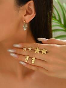 3 Pairs Women Vintage Ocean Themed Seahorse, Starfish, Shell Stud Earring Set, Suitable For Beach & Holiday Wear
