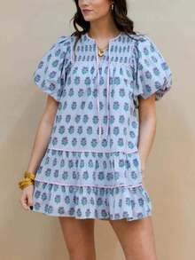 Women V Neck Floral Print Short Dress Summer Slim Fit Short Sleeve Y2K Striped Casual A Line Dresses With Pockets Aesthetic Clothes Beach Streetwear - 中等水洗藍 - 查看 3