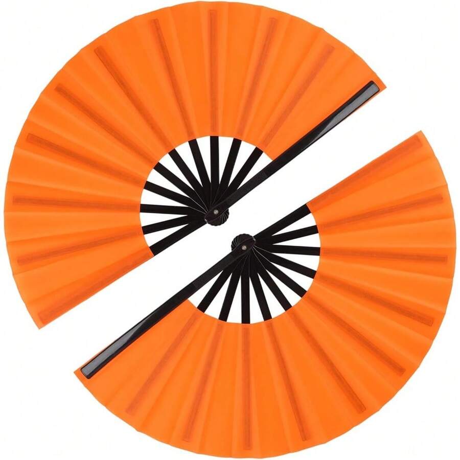 2 Pack Large Folding Hand Fan, Nylon-Cloth Vintage Retro Fabric Fans, Chinese Kung Fu Tai Chi Hand Fan For Men/Women, Festival, Dance, Gift, Performance, Decorations (Black) - Orange - View 1