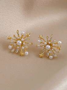 1 Pair Stylish Luxury Crystal & Faux Pearl Flower & Star Firework Stud Earrings, Suitable For Women Everyday Wear Jewelry