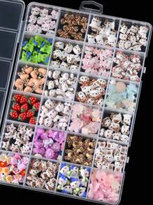 Sanrio Caja de 24 cuadrículas con 240 piezas de dijes de uñas con diseños de Hello Kitty de la serie de verano de fresas, 12 estilos de dijes de Hello Kitty y gatos, kit de arte de uñas DIY con mini rhinestones planos
