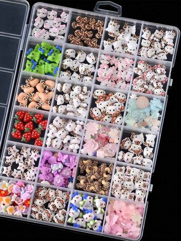 Sanrio Sanrio 24 Grids 240pcs Box Hello Kitty Cartoon Nail Charms Kit,12 Styles Summer Strawberry Series Hello Kitty Cat Design Nail Art Diy Mini Rhinestones Flatback Charms