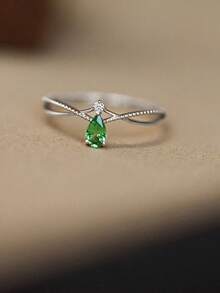 1pc S925 Sterling Silver Green Zirconia Teardrop Ring, Elegant & Fashionable Design For Women, Suitable For Various Occasions, Birthday/Jewelry Gift - Silver - View 3