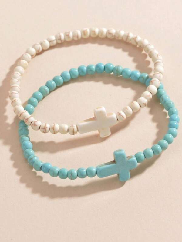 2 paquetes de pulseras de la amistad con cruz de turquesa estilo bohemio - Conjunto a juego de pulseras con cuentas para mejores amigas