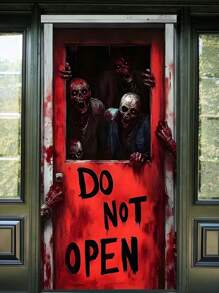 1pc Horror Zombie Theme Door Curtain, Red Door With "DO NOT OPEN" Text, Scary & Realistic Zombie Graphic, Blood Splatter Decor, Made Of Polyester, Suitable For Halloween Decor, Escape Room Setting, Horror Party & Haunted House Atmosphere