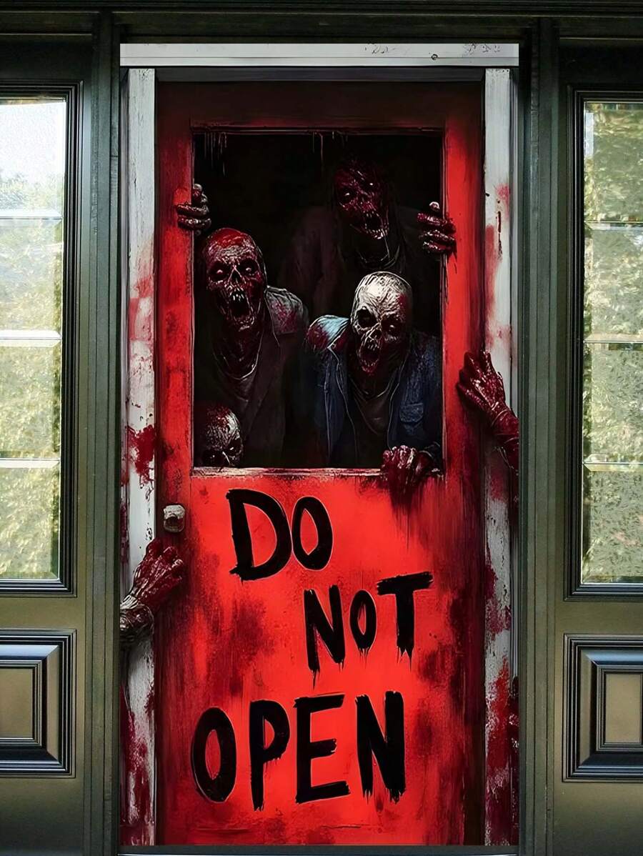 1pc Horror Zombie Theme Door Curtain, Red Door With "DO NOT OPEN" Text, Scary & Realistic Zombie Graphic, Blood Splatter Decor, Made Of Polyester, Suitable For Halloween Decor, Escape Room Setting, Horror Party & Haunted House Atmosphere