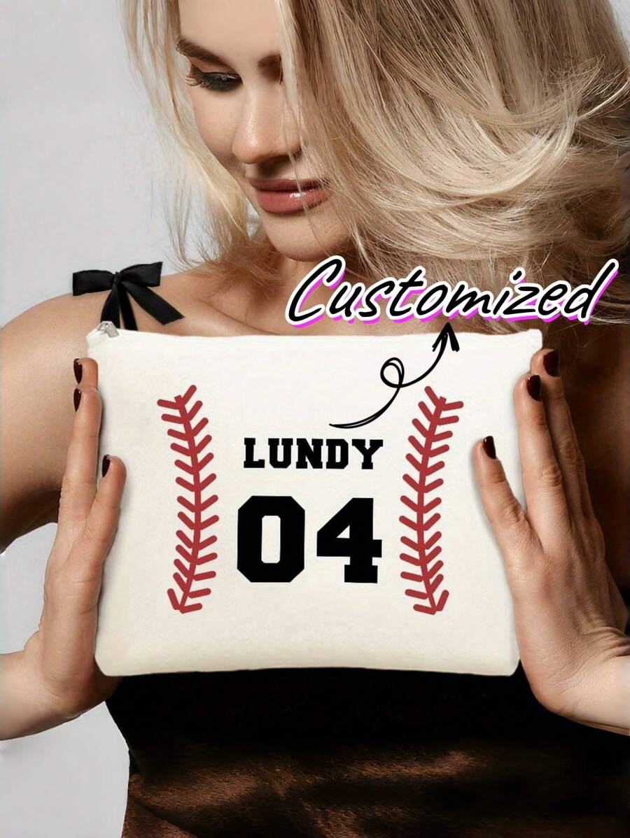 1pc Personalized Baseball-Themed Cosmetic Bag With Custom Name And Number, Ladies' Travel Toiletries Bag, Ladies' Cosmetic Bag, Fashionable And Convenient Cosmetic Bag, Student Stationery Box, Suitable For Daily Commuting, School, And Festival Gifting
