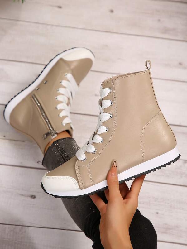 Women's Fashion Classic Flat Round Toe Multi-Color High-Top Lace-Up Side Zipper Casual Sport Sneakers