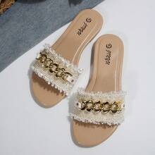 女士链条装饰平底拖鞋度假风格女士凉鞋夏季白色缎面低跟一脚蹬波西米亚风圆头加大码鞋 - 白色 - 查看 3