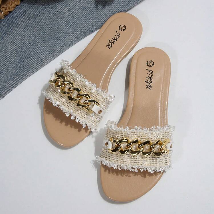 Dép đế bằng trang trí xích cho nữ phong cách nghỉ mát dép xăng đan nữ mùa hè bằng vải satin trắng đế thấp mũi tròn Bohemian cỡ lớn - trắng - Xem 3