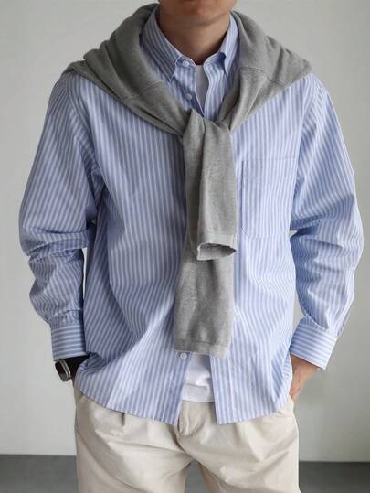 男士休闲百搭通勤条纹长袖衬衫，秋季